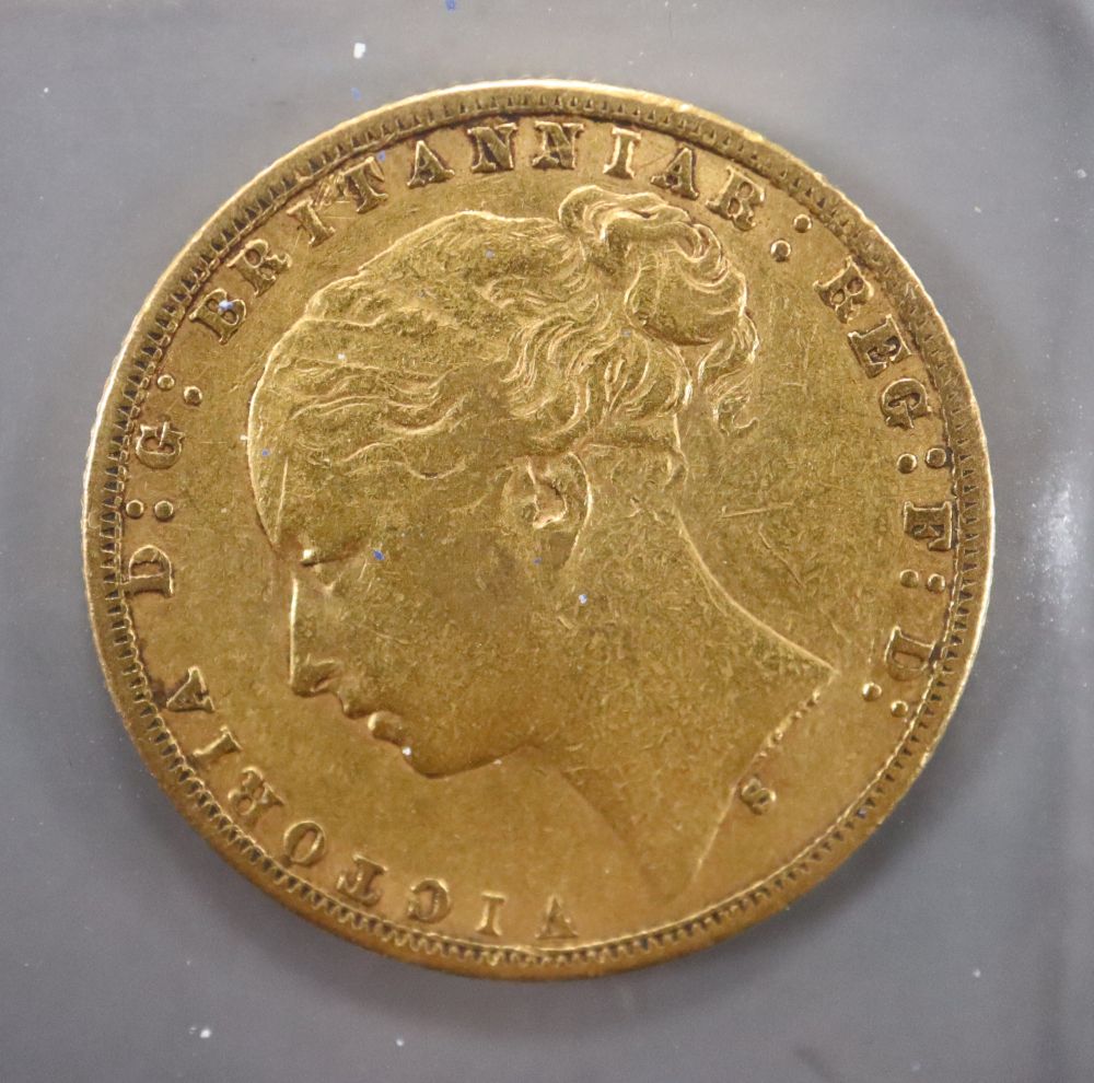 A Victorian gold sovereign, 1874S, F.